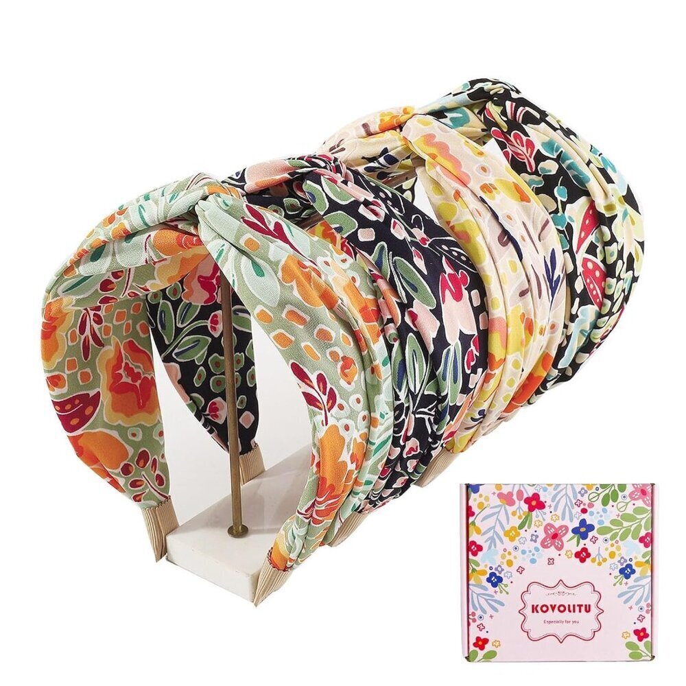 4 Pack Floral Printed Wide Cross Knot Headbands for Women Casual Optional